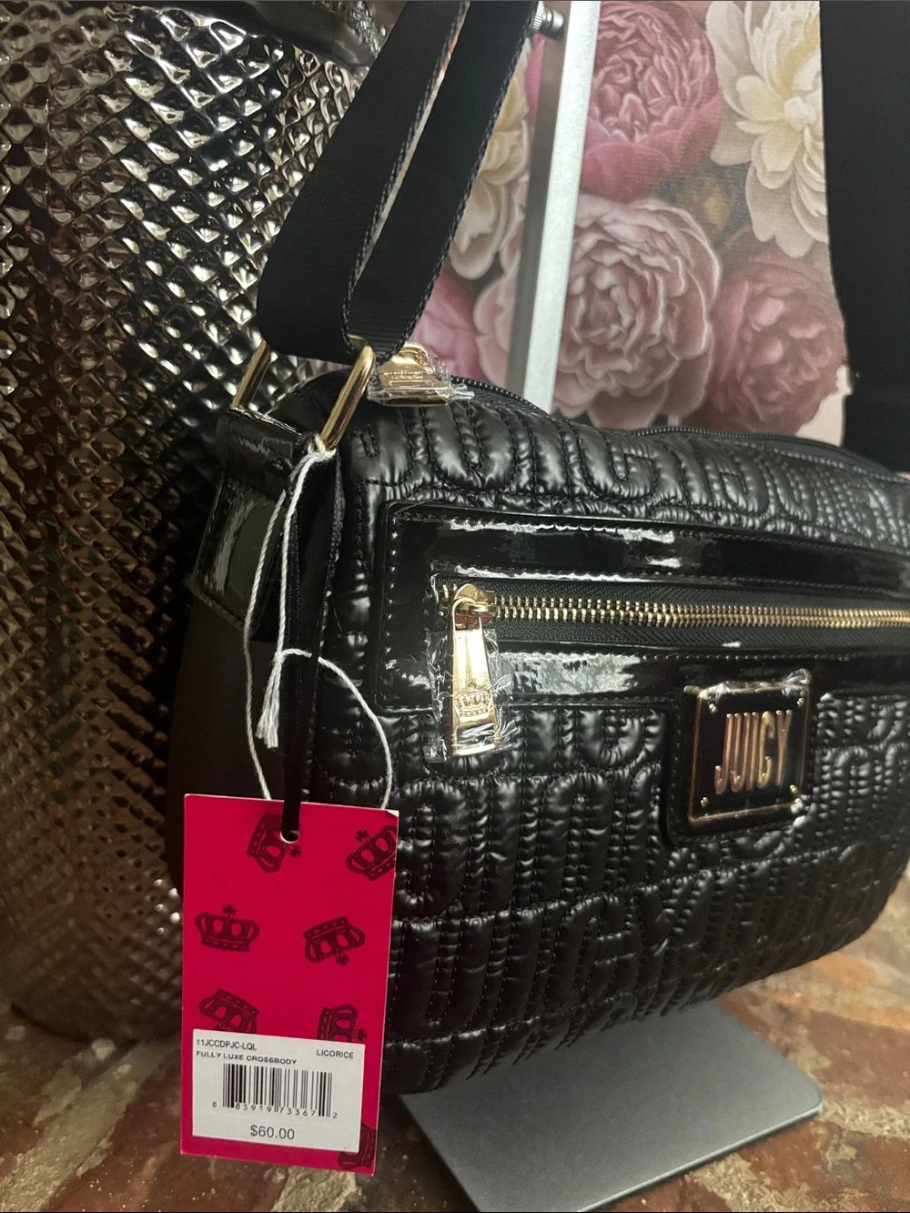 Juicy Couture Black Quilted Patent Crossbody with Gold Hardware
